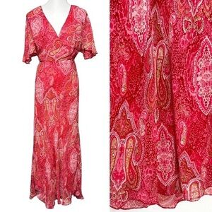 Vintage 90s Pink Paisley Babydoll Wrap Top Ruffle Maxi Dress Fairy Boho 1X 14 16